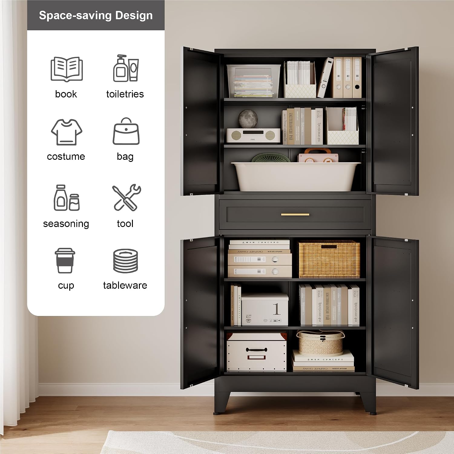 QINPTWUT 71' Farmhouse Pantry Cabinet in Black, with 4 Doors & Center Drawer, Tall Food Cabinet with Adjustable Shelves, Freestanding Steel Cupboard for Kitchen, Dining Room, Pantry, Garage