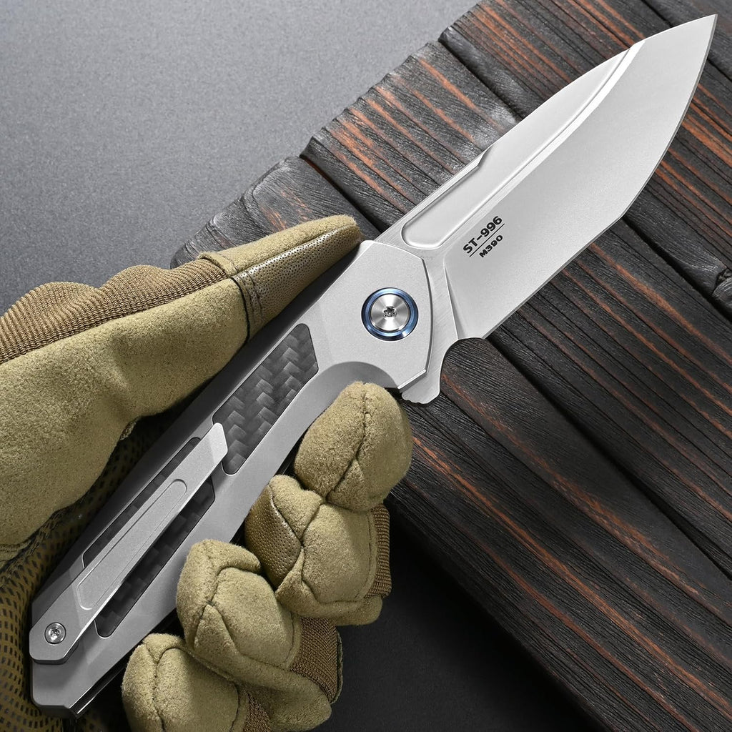 Sitivien ST996 Folding Knife,Handmade M390 Pearlescent Polishing Blade,Titanium & Carbon Fiber Handle Pocket Knife for Outdoor Camping,Hiking,Hunting(Gray)