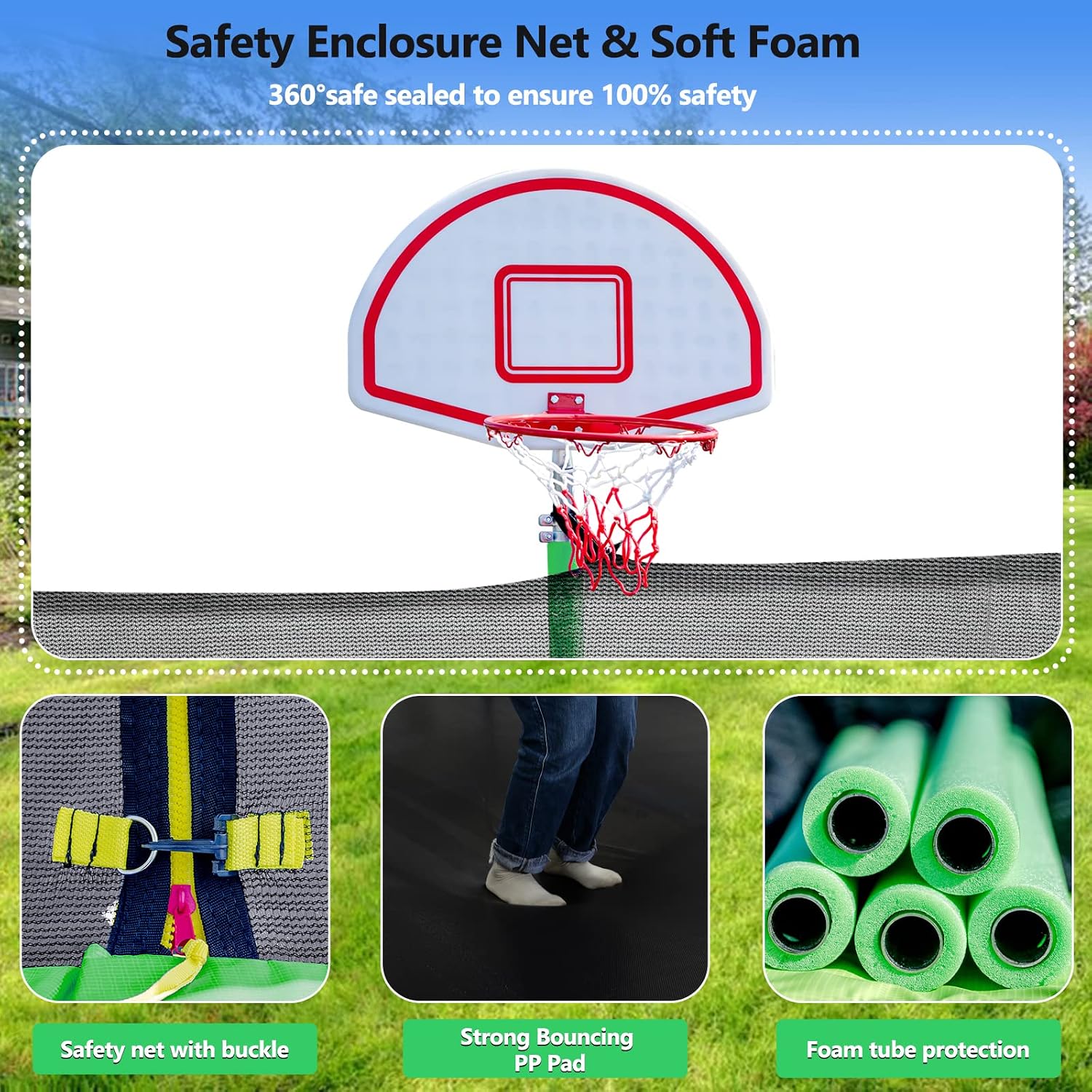 Lyromix Upgraded Trampoline with Lights, Large Outdoor Trampoline with Sprinkler,Basketball Hoop and Net, Capacity for 5-8 Kids and Adults