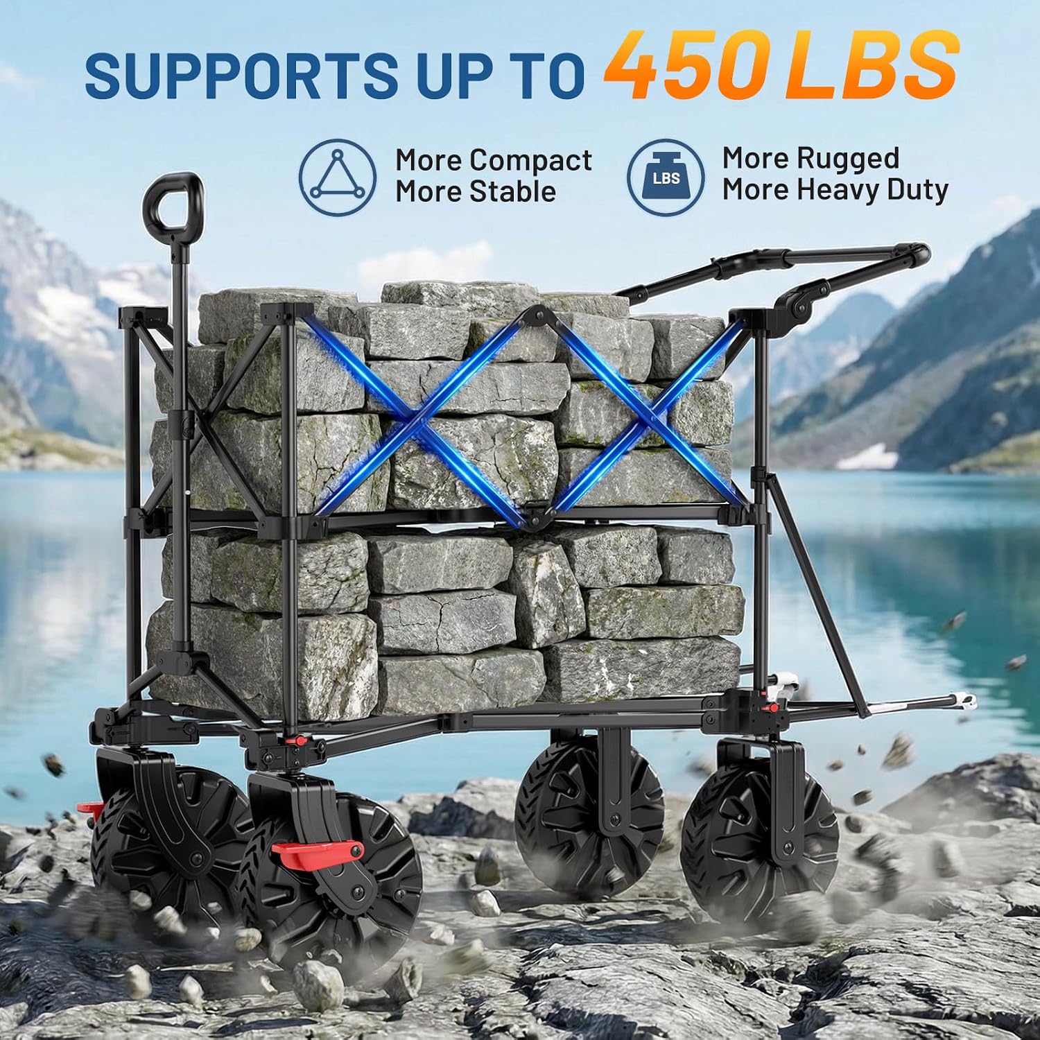 TIMBER RIDGE Push & Pull Double Decker Wagon, 400L Large Capacity Heavy Duty & 450lb Load, Collapsible Cart with All-Terrain Wheels & Brakes, 54' Extended Foldable for Sports, Beach, Camping, Blue