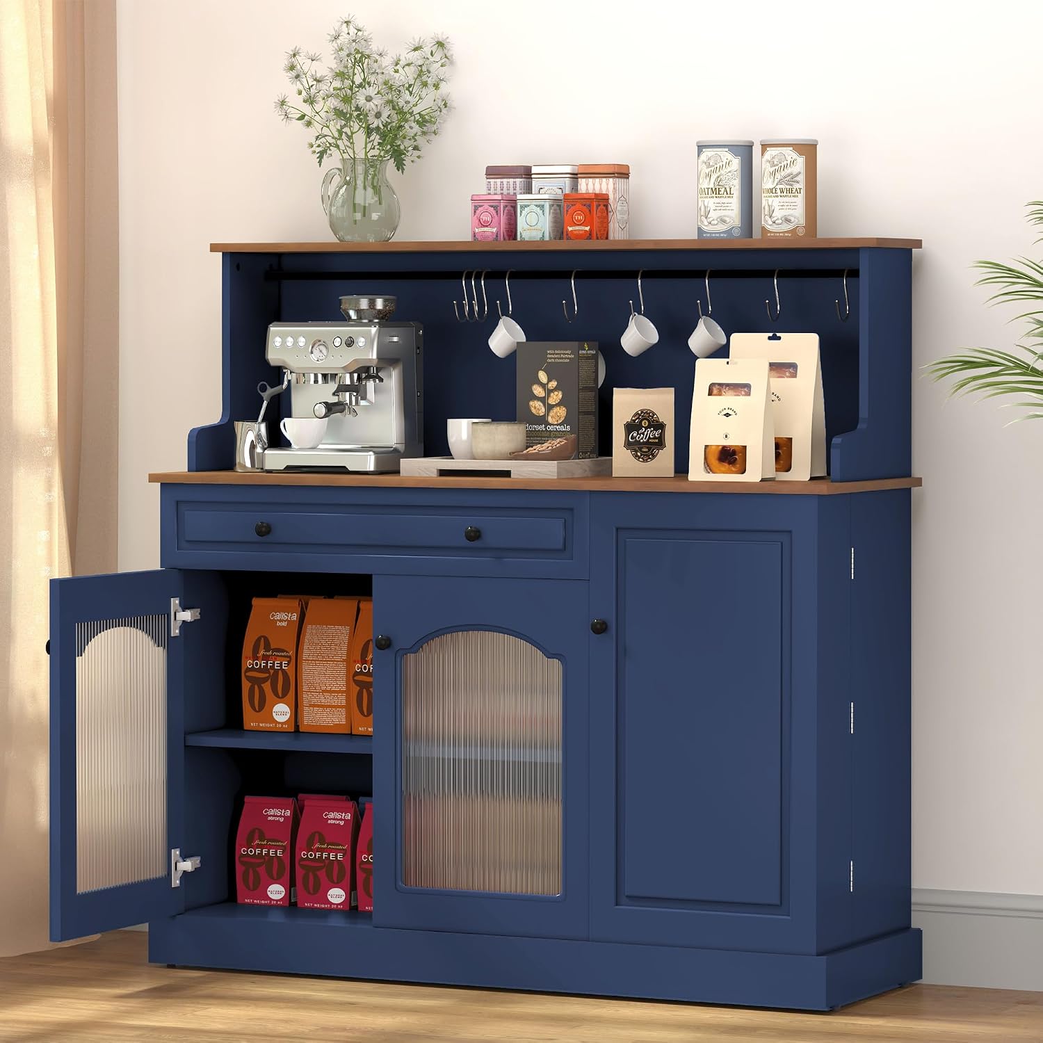 ARTPOWER Farmhosue Coffee Bar Cabinet with Hutch - 48' Modern Buffet Cabinet with Drawer Storage and Glass Doors,Wine Bar Table with Adjustable Shelves for Living Dining Room,Blue