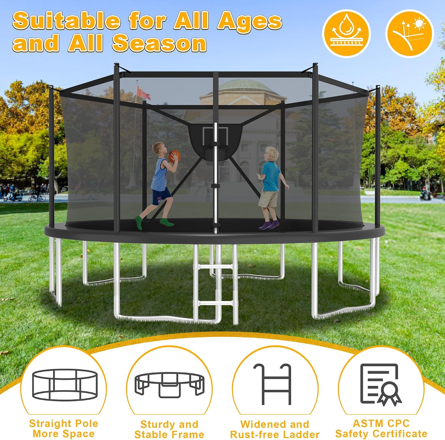 2026 Upgrade 1500LBS Outdoor Tranpoline for Kids and Adults 【Easy to Install & Built to Last】 10FT 12FT 14FT 16FT Recreational Tranpolines with Net, Basketball Hoop and Ladder, ASTM Approved