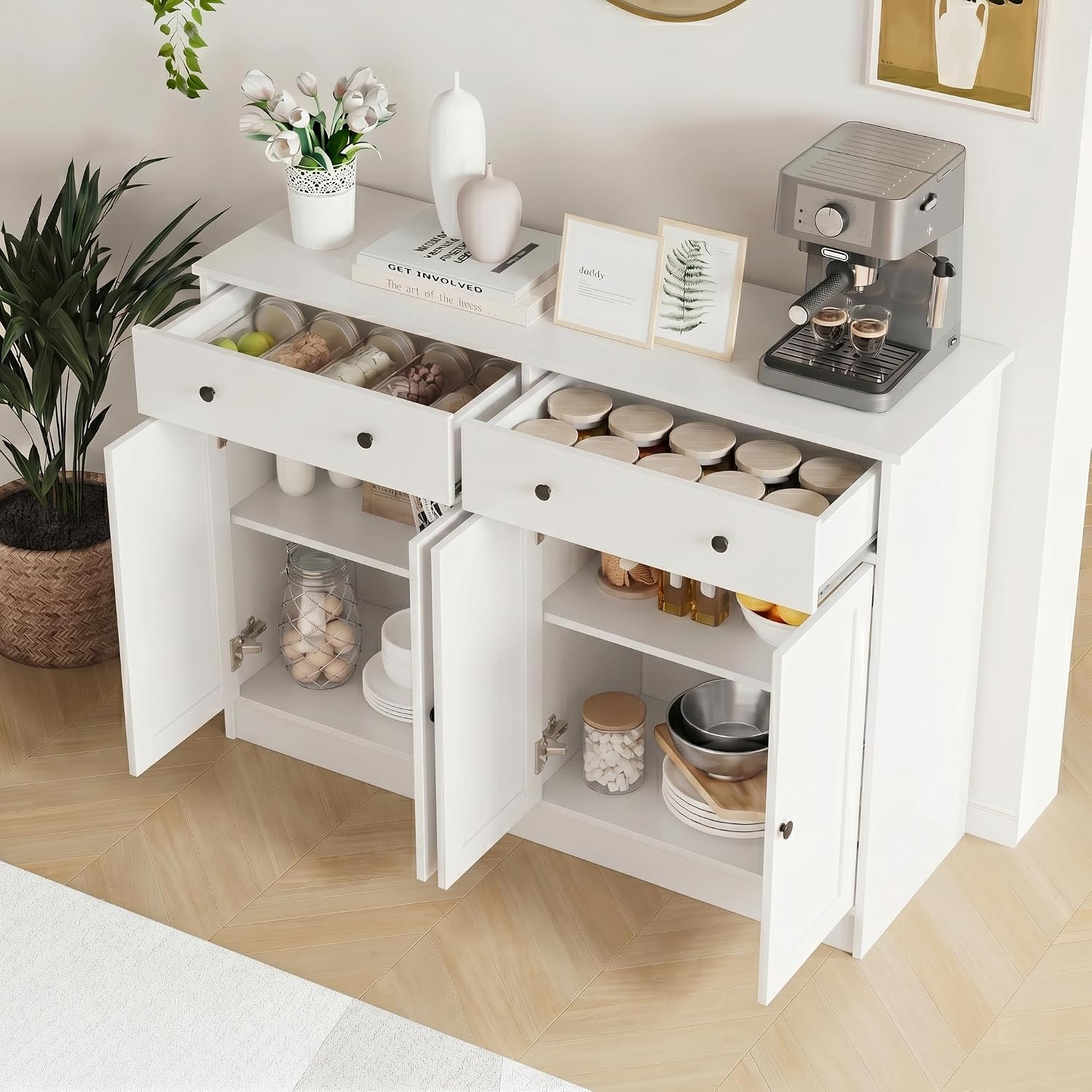 holzart 49' White Buffet Cabinet with Doors & Drawers, Modern Kitchen Storage Sideboard, Coffee Bar Console Table for Dining Room, Living Room, Entryway