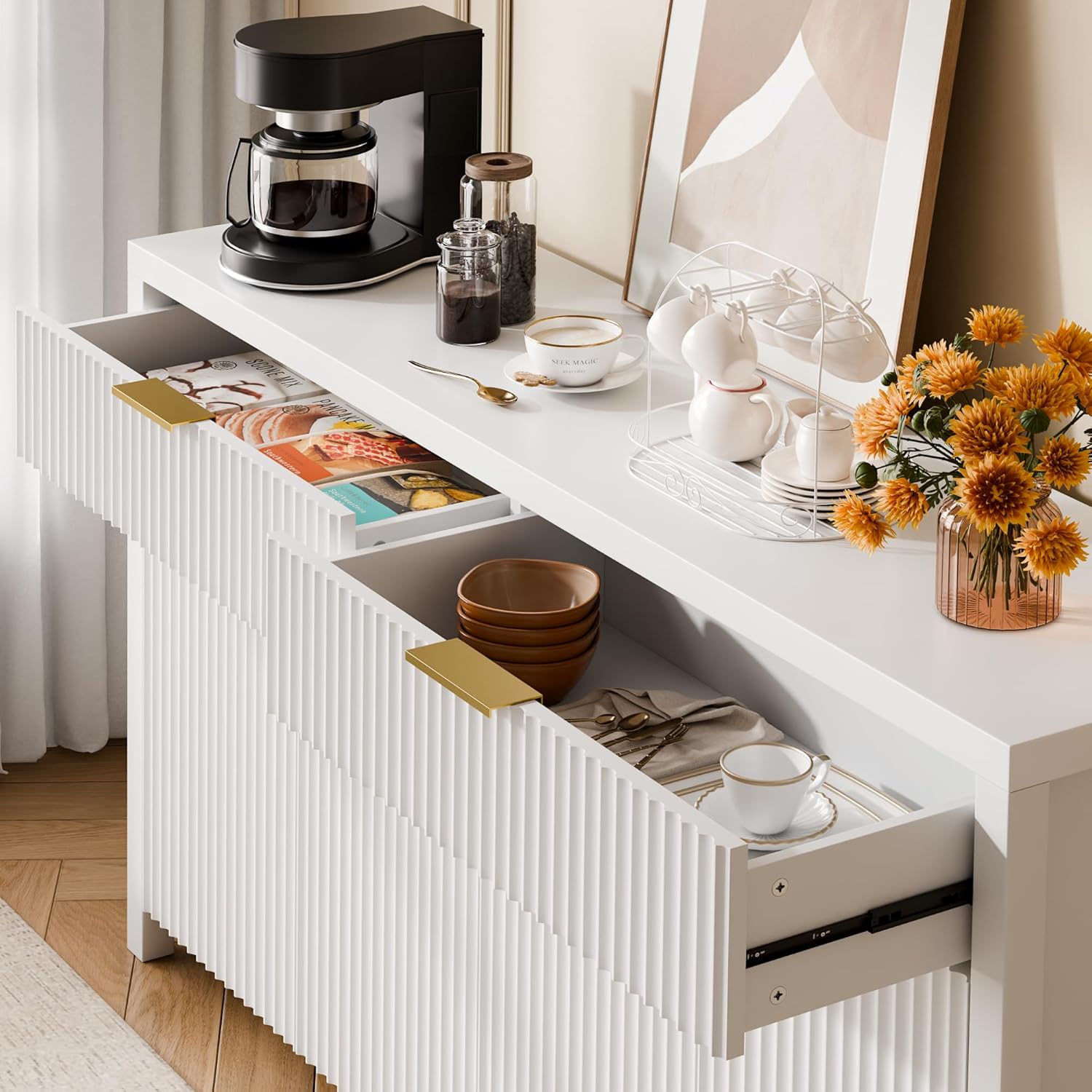 Lulive Fluted Buffet Cabinet with Storage 55 inch Wood Large Sideboard with Adjustable Shelves for Entryway Kitchen Living Room, White