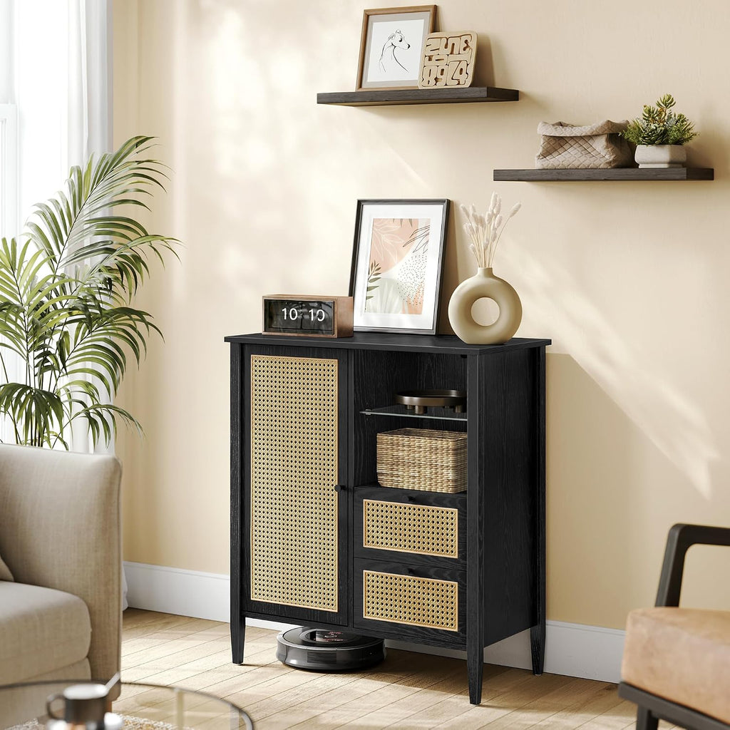 VASAGLE Boho Buffet Cabinet, Synthetic Rattan Sideboard with Drawers, Storage Cabinet with Adjustable Shelves, Ink Black UBBK242B01