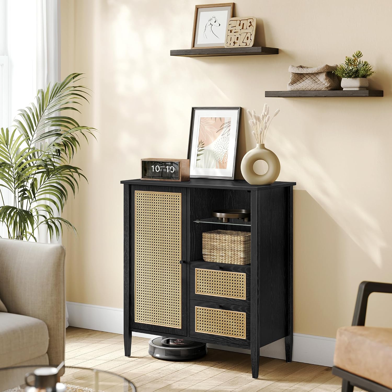 VASAGLE Boho Buffet Cabinet, Synthetic Rattan Sideboard with Drawers, Storage Cabinet with Adjustable Shelves, Ink Black UBBK242B01