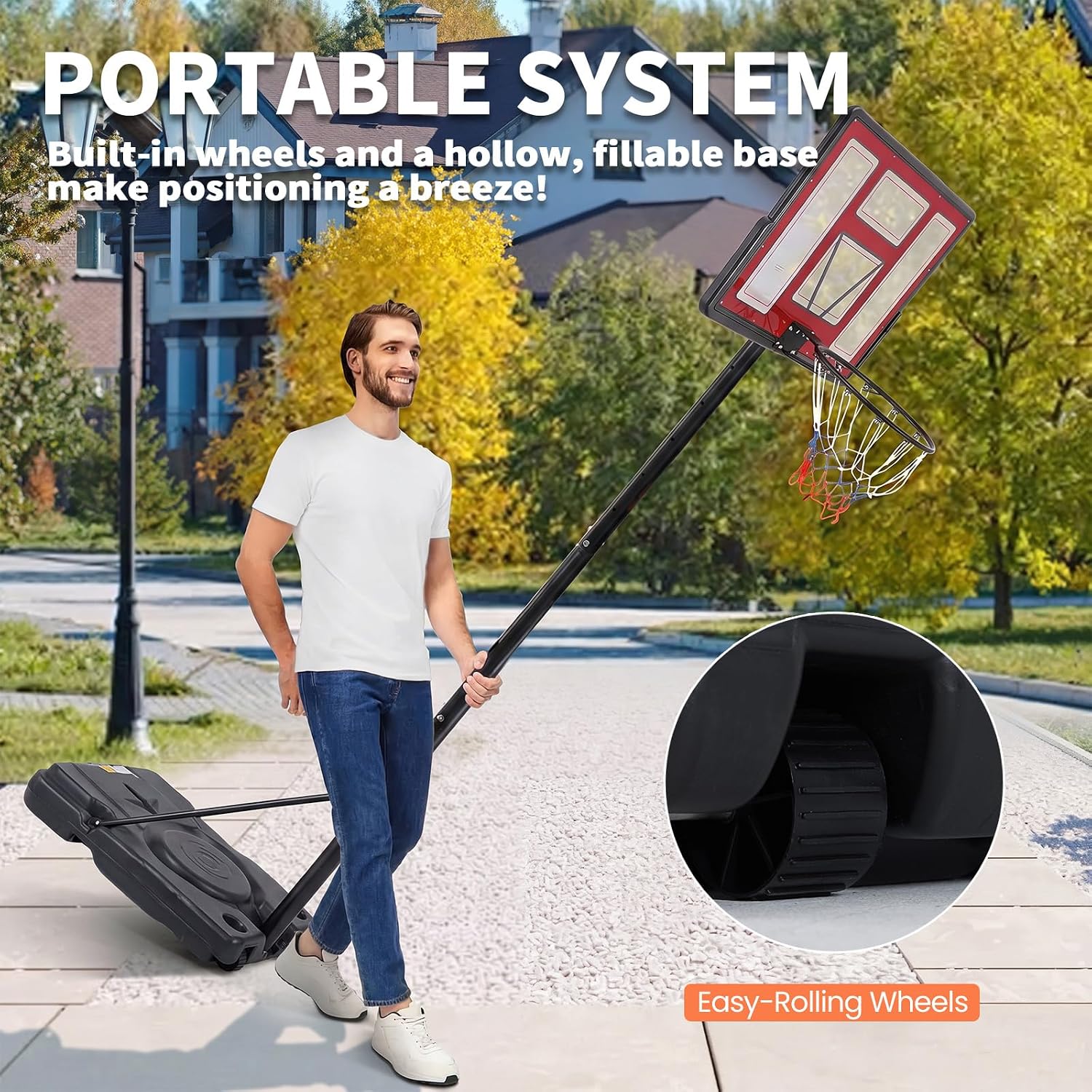 DUMOS Portable Basketball Hoop, Shatterproof Backboard & Shock Absorbent Rim, Easy Height Adjustable Outdoor Basketball Goal with Fillable Base & Wheels for Backyard/Driveway/Pool
