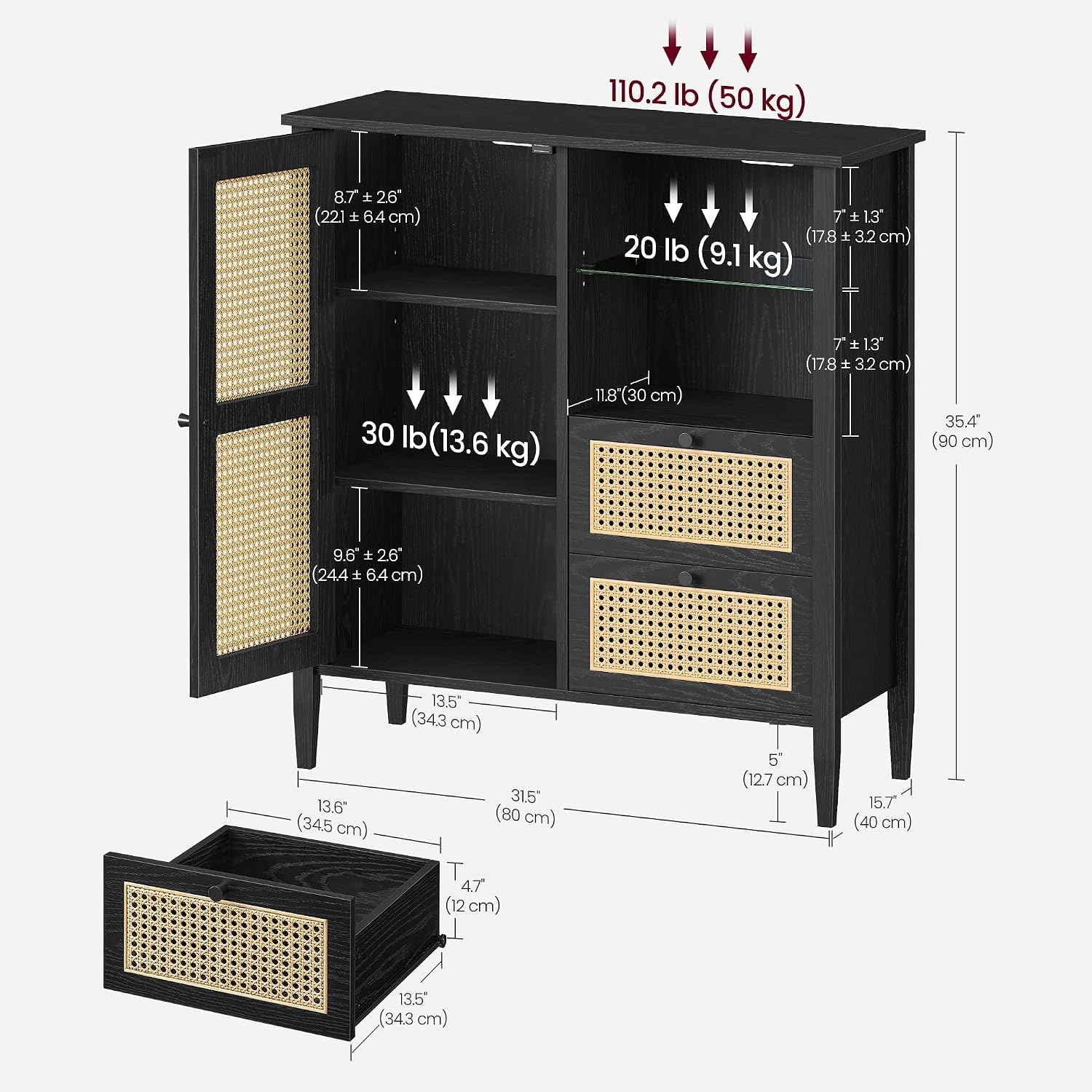VASAGLE Boho Buffet Cabinet, Synthetic Rattan Sideboard with Drawers, Storage Cabinet with Adjustable Shelves, Ink Black UBBK242B01