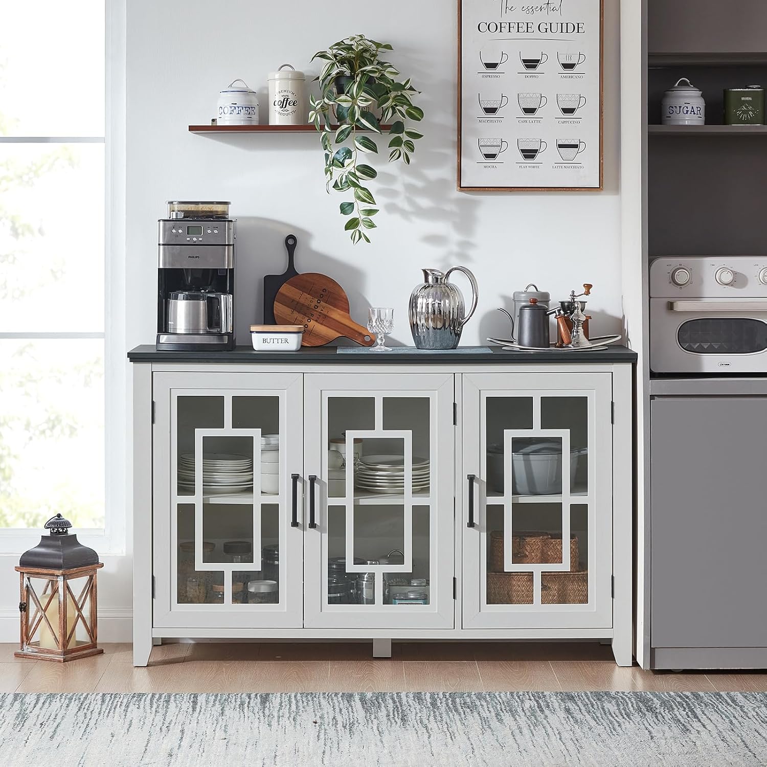 Joaxswe Large Sideboard Buffet Cabinet with Storage, 55' Farmhouse White Kitchen Coffee Wine Bar Cabinet with 3 Glass Doors, Wood Mid Century Modern Side Board Table for Dining Room, Living Room