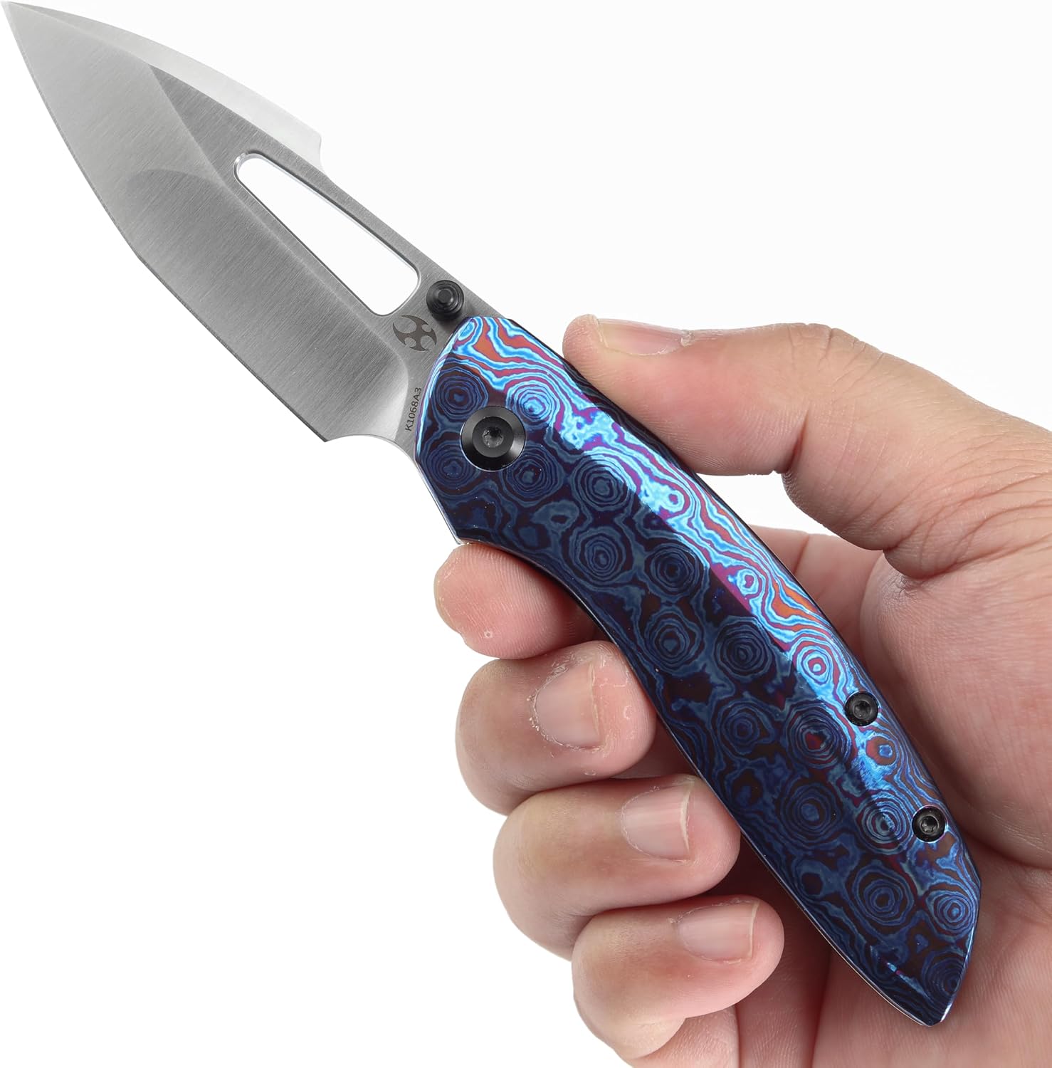 KANSEPT Link Pocket Folding Knives for Men EDC Camping Hiking Folding Knife for Men Women 3'' Satin CPM 20CV Blade Material Pocke Knife with Timascus + Blackwash Titanium Handle Everyday Carry K1068A3