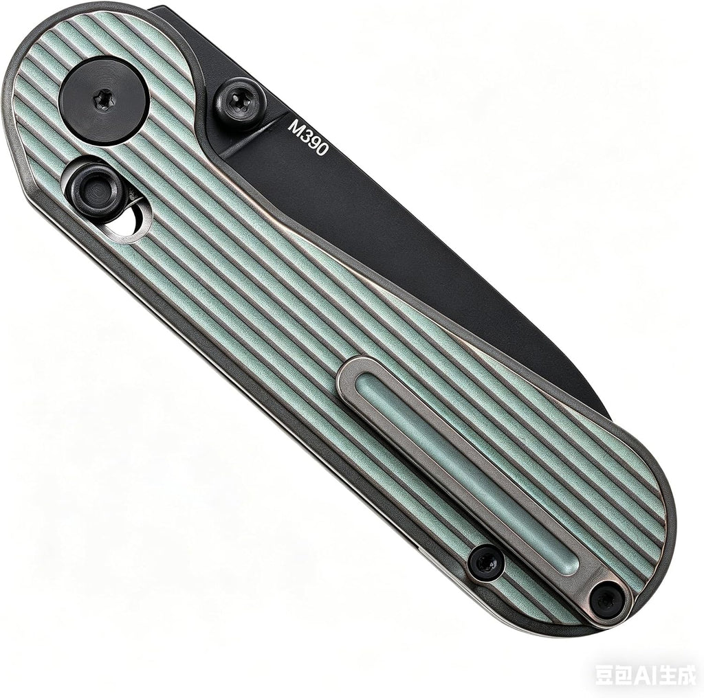Hightron EdgePlay, Bulit-in Pop-Coin Fidget Knife, All-black, M390 Blade, Green AnodizedTitanium Handle, Axis Lock, CNC titanium Pocket Clip, Utility Playful EDC Gear