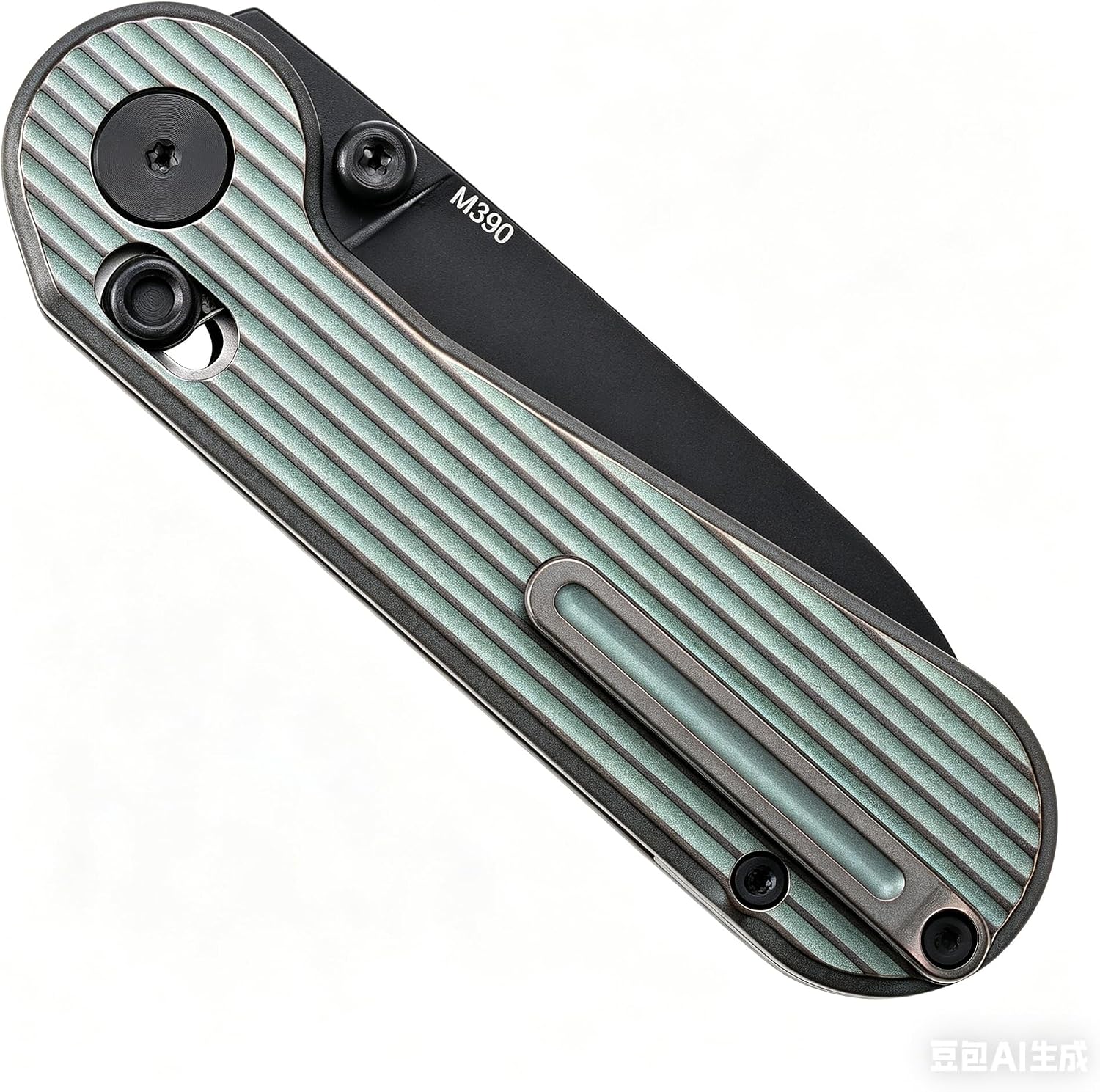 Hightron EdgePlay, Bulit-in Pop-Coin Fidget Knife, All-black, M390 Blade, Green AnodizedTitanium Handle, Axis Lock, CNC titanium Pocket Clip, Utility Playful EDC Gear
