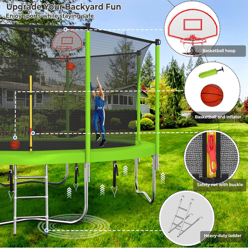 Lyromix Upgraded Trampoline with Lights, Large Outdoor Trampoline with Sprinkler,Basketball Hoop and Net, Capacity for 5-8 Kids and Adults