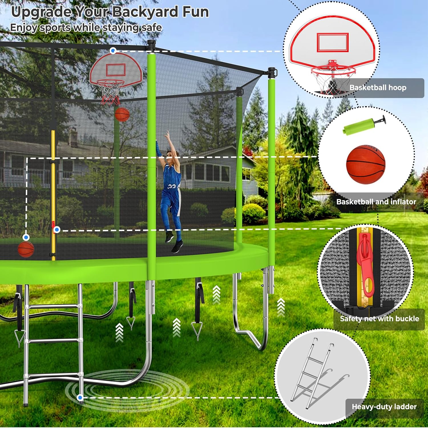 Lyromix Upgraded Trampoline with Lights, Large Outdoor Trampoline with Sprinkler,Basketball Hoop and Net, Capacity for 5-8 Kids and Adults