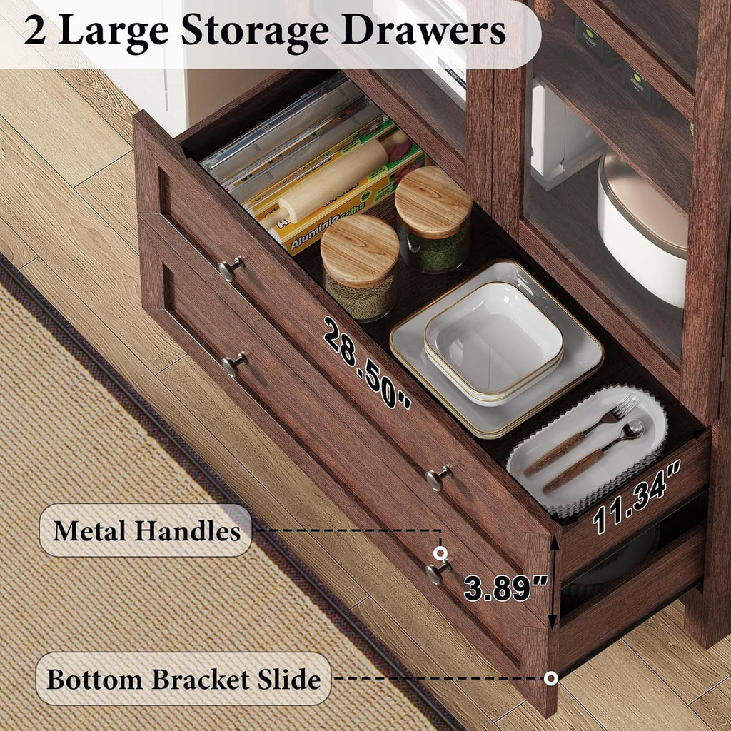 EasyCom 71 Tall Arched Pantry Cabinet, Farmhouse Wood Kitchen Cabinet with 2 Large Drawers, 4-Tier Storage Cabinet with Adjustable Shelf & Magnetic Clasp Doors for Living Room, Dining Room, Brown