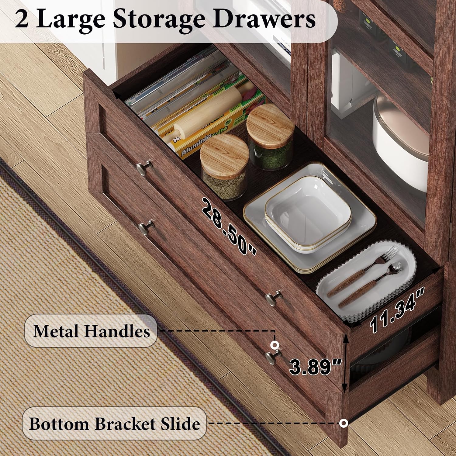 EasyCom 71 Tall Arched Pantry Cabinet, Farmhouse Wood Kitchen Cabinet with 2 Large Drawers, 4-Tier Storage Cabinet with Adjustable Shelf & Magnetic Clasp Doors for Living Room, Dining Room, Brown
