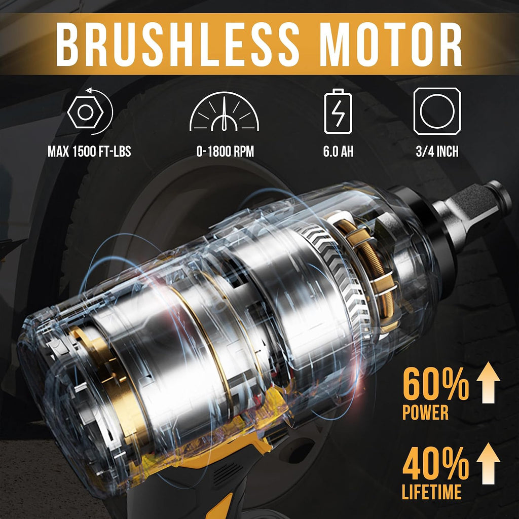 EWORK 3/4' Cordless Impact Wrench 21V Heavy Duty Electric Wrench Max 1500 Ft-lbs, Brushless Motor, High Torque Impact Gun with 6.0Ah Battery & 3/4' to 1/2 Inch Socket Adapter for Heavy Truck/Pickup