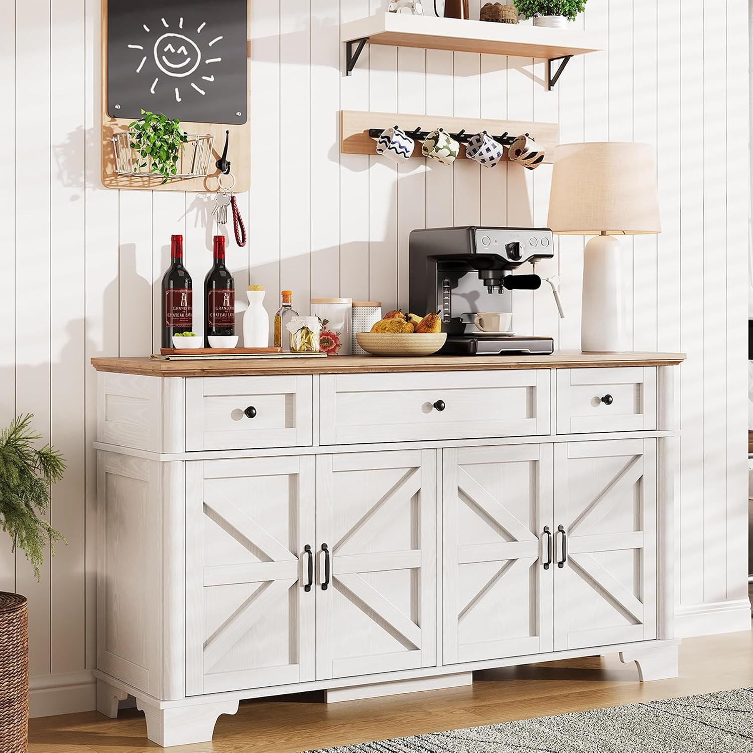 BestHaped Farmhouse Buffet Cabinet with Storage, 55 Inch White Sideboard Buffet Cabinet with Adjustable Shelves & 3 Drawers, Buffet Table Coffee Bar Wine Bar Storage for Kitchen & Living Room