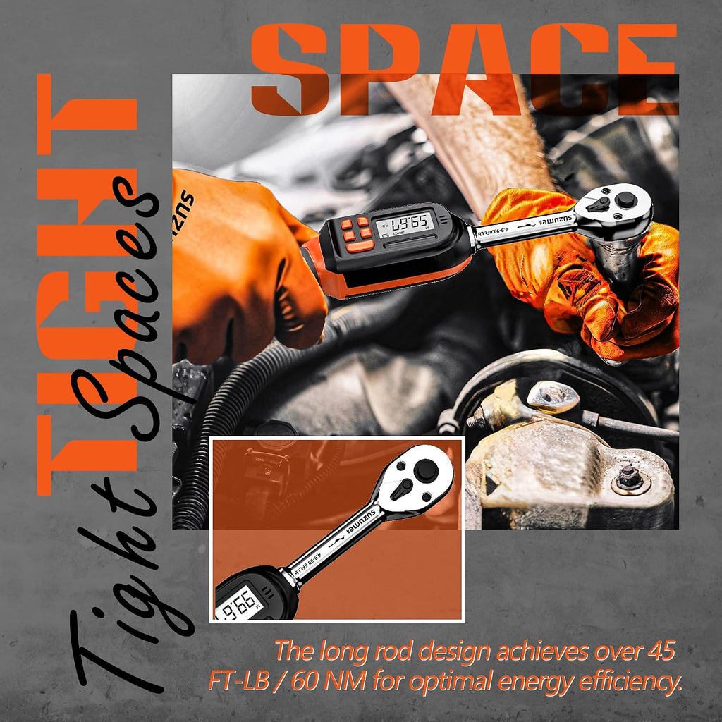 SUZUME Digital Torque Wrench 3/8 Drive (4.9-99.6 Ft. Lb/ 6.6-135 N.m) & Flex Head Stubby Ratcheting Wrench Set