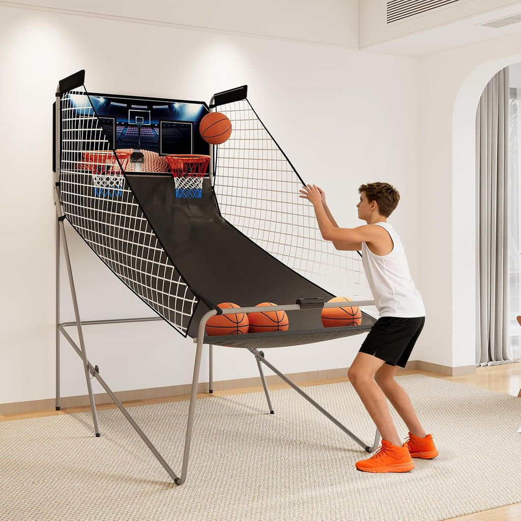 Arcade Basketball Game, Dual Shot Electronic Basketball Game with 8 Game Modes, LCD Score Display, and 4 Rubber Balls, Indoor Basketball Arcade Game for Home