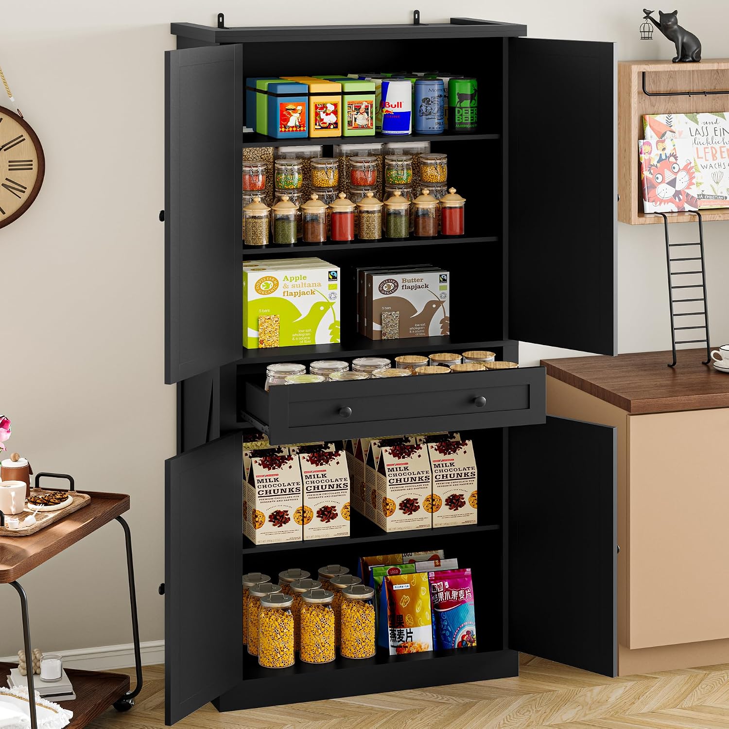 BORNOON Pantry Organizers and Storage Cabinet, 67.7' Barn Door White Kitchen Cabinet with Drawers and Adjustable Shelf, Tall Pantry for Kitchen, Dining Room, Living Room