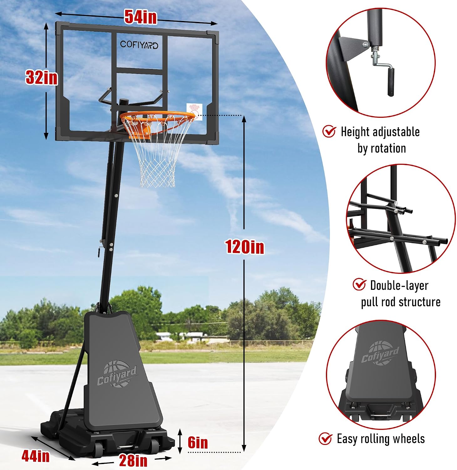 Cofiyard Basketball Hoop Outdoor with 44&48&54In Shatterproof Backboard, 5.25-10FT Height Portable Basketball Hoop with Sandbag, Adjustable Basketball Goal System