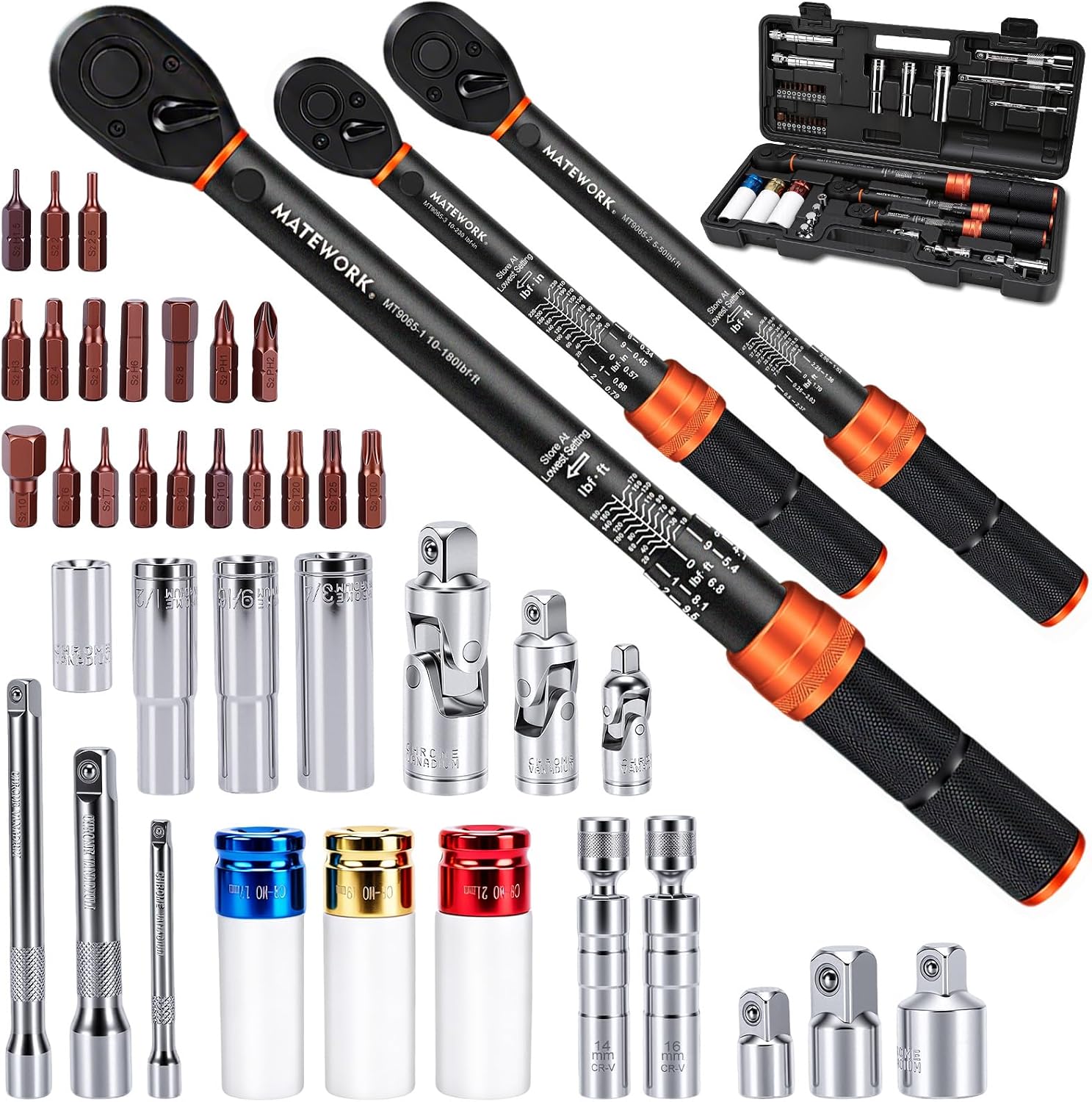41PCS Torque Wrench Set 1/4 3/8 1/2-Inch Drive, Complete Click Torque Wrench Kit with Sockets, Bits, Extension Bars & Adapters, ±3% Accuracy 72-Tooth Dual-Scale Wrenches for Bike, Moto, Car, Truck