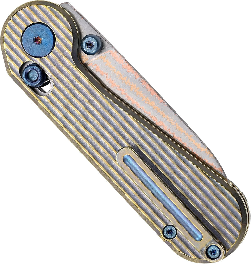 Hightron EdgePlay Premium Fidget Knife 2.64' Copper Damascus Blade and Titanium Handle Thumb Stud Opener and Axis-Lock Pocket Knife with Pocket Clip For Men Women Camping Hiking Gold