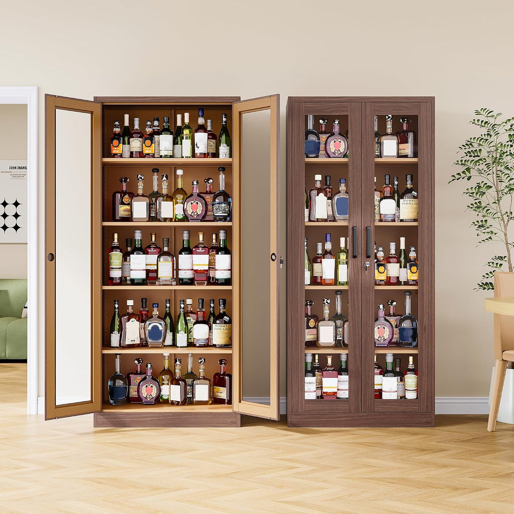 Metal Storage Cabinet with Lock and Glass Doors,Glass Display Cabinet,Tall Storage Cabinets,Locking Curio Cabinets with 5 Shelves for Collectibles,Home,Office,Living Room