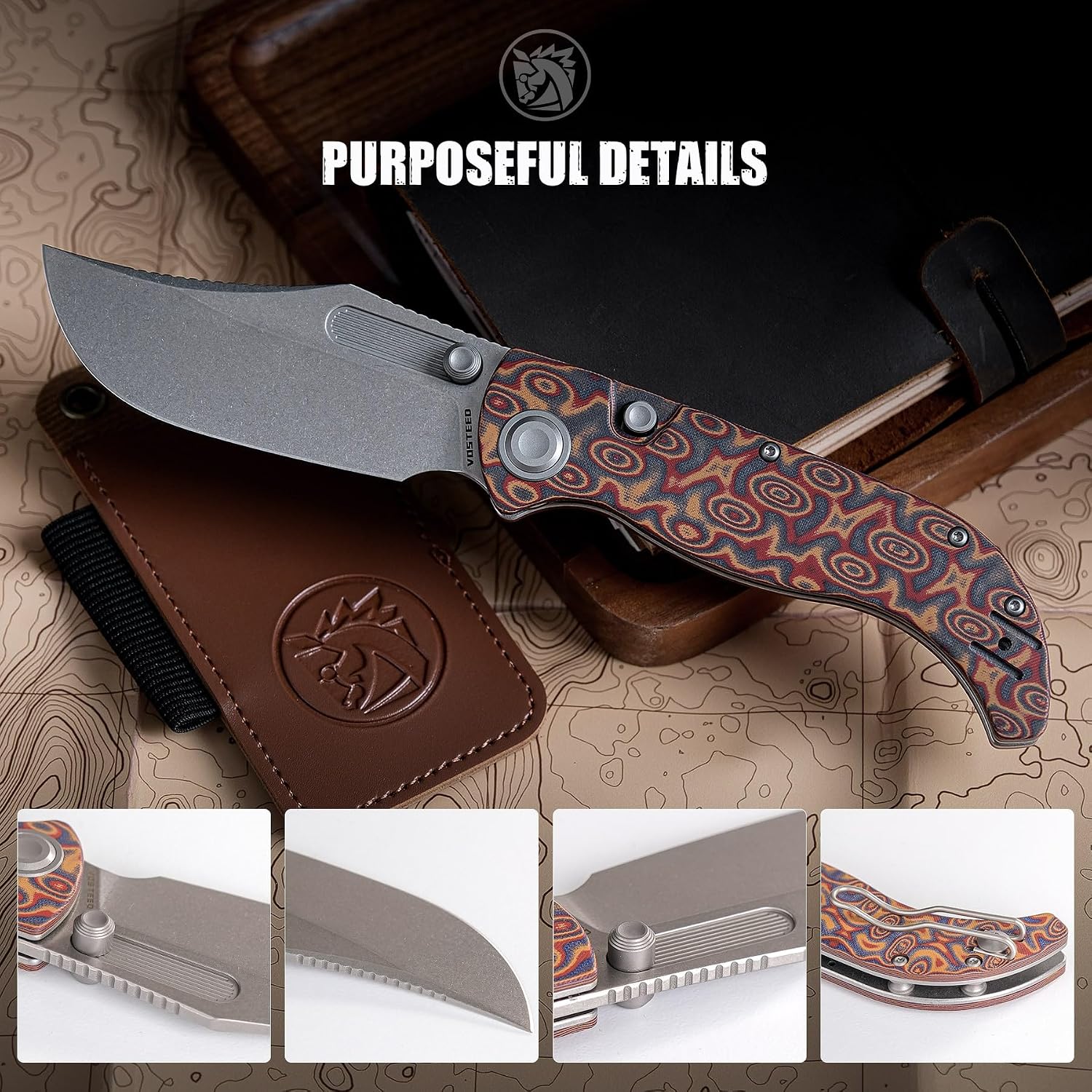 Vosteed Naga EDC Folding Pocket Knife - 3.47' S35VN Stonewash Blade, Clip Point - Top Liner Lock, Copper Raindrop Micarta Handle - Surviving, Camping Knives - A3904
