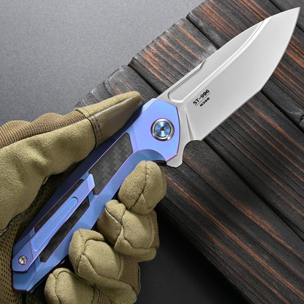 Sitivien ST996 Folding Knife,Handmade M390 Pearlescent Polishing Blade,Titanium & Carbon Fiber Handle Pocket Knife for Outdoor Camping,Hiking,Hunting(Blue)