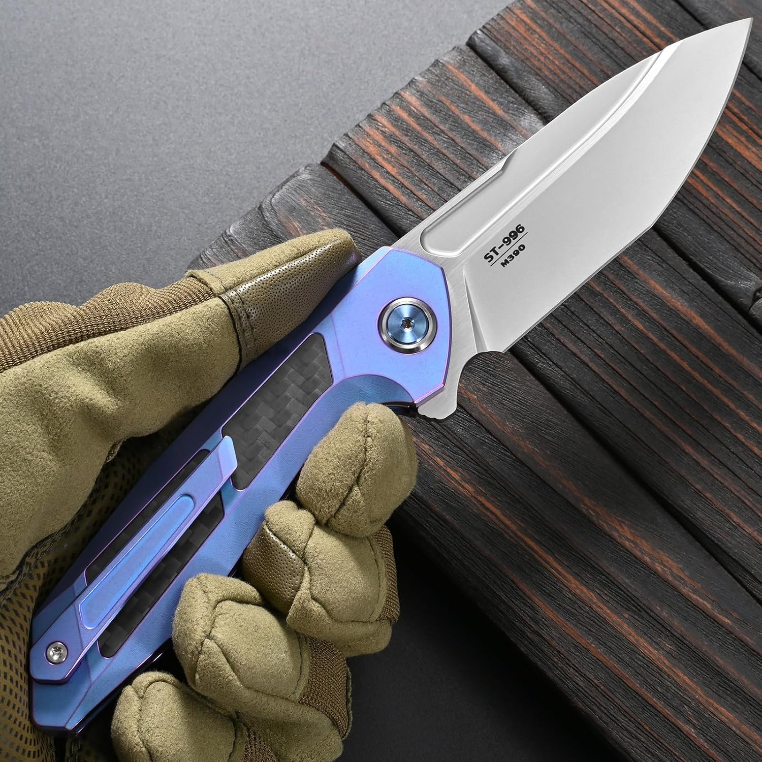 Sitivien ST996 Folding Knife,Handmade M390 Pearlescent Polishing Blade,Titanium & Carbon Fiber Handle Pocket Knife for Outdoor Camping,Hiking,Hunting(Blue)
