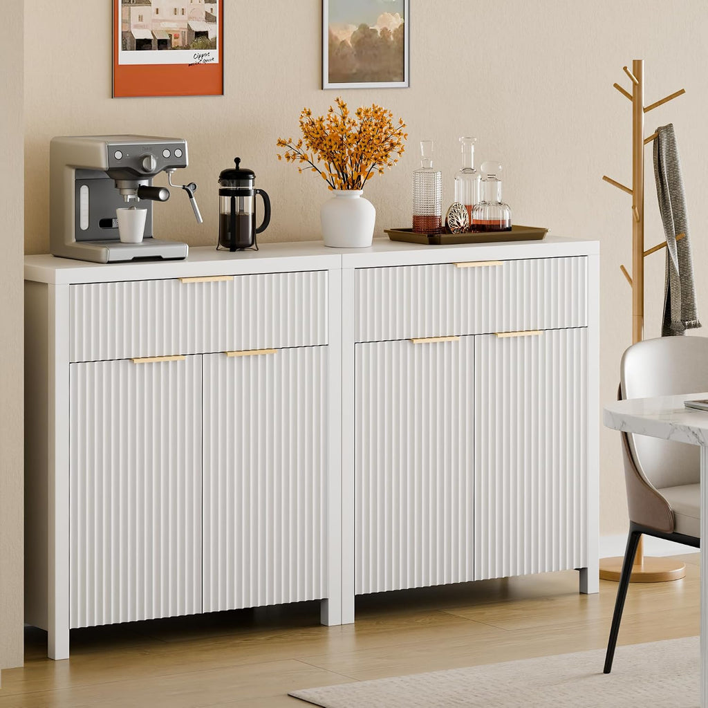 Lulive White Fluted Storage Cabinet with Drawers Buffet Sideboard Cabinet with Adjustable Shelves for Kitchen Living Room, Kitchen, Entryway