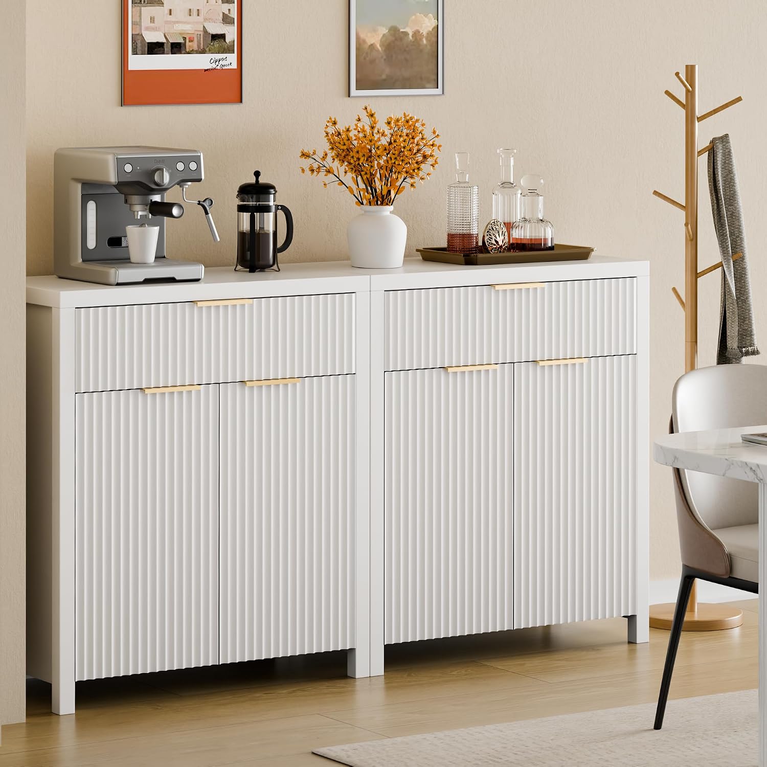 Lulive White Fluted Storage Cabinet with Drawers Buffet Sideboard Cabinet with Adjustable Shelves for Kitchen Living Room, Kitchen, Entryway