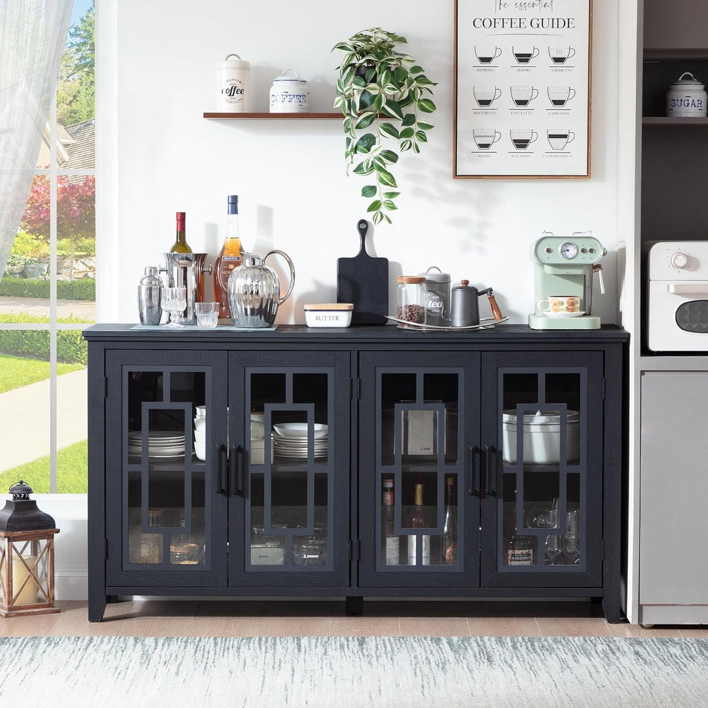 Joaxswe Large Sideboard Buffet Cabinet with Storage, 63' Black Farmhouse Kitchen Coffee Wine Bar Cabinet with 4 Glass Doors, Mid Century Modern Wooden Side Board Table for Dining Room, Living Room