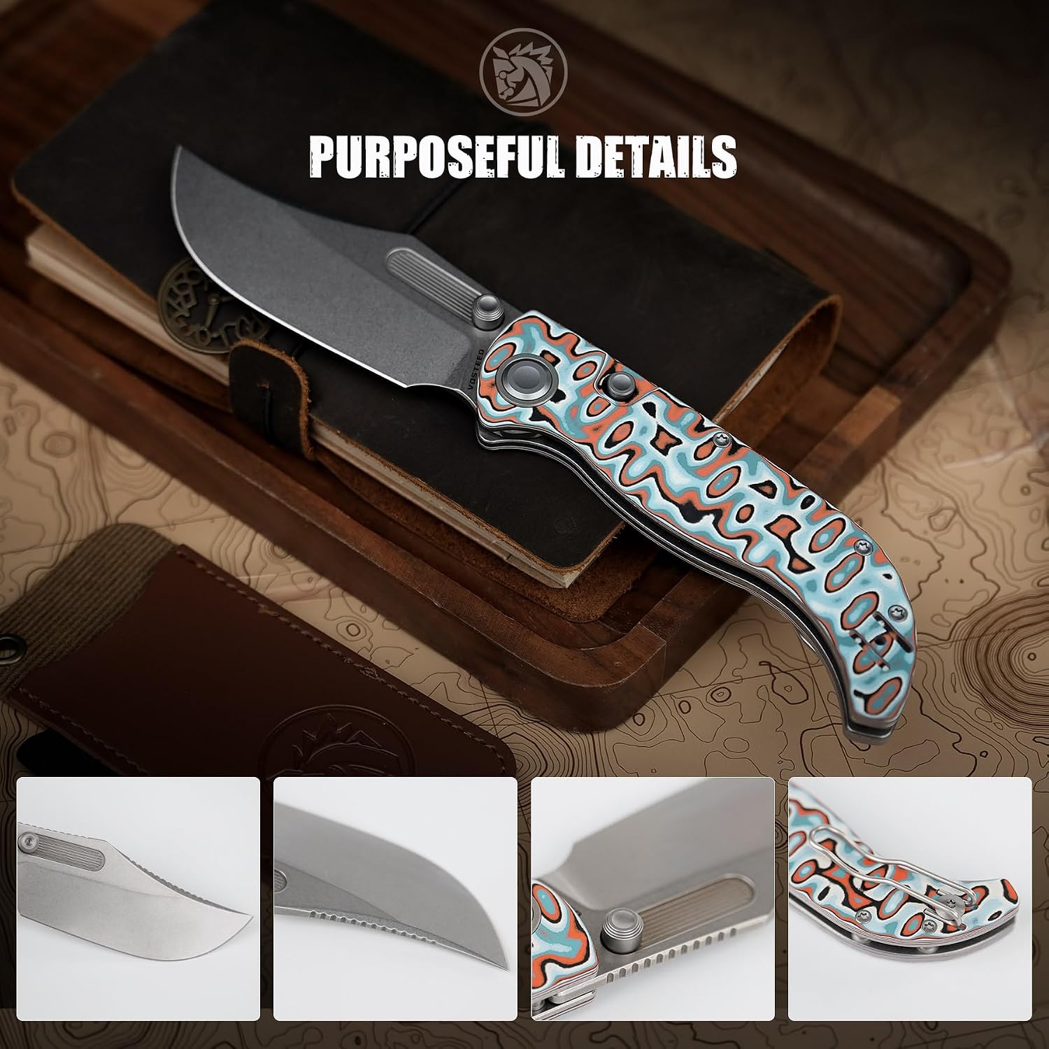 Vosteed Naga EDC Folding Pocket Knife - 3.47' S35VN Stonewash Blade - Top Liner Lock, Canyon Current Bamboo Micarta Handle - Camping, Hunting Knives - A3908