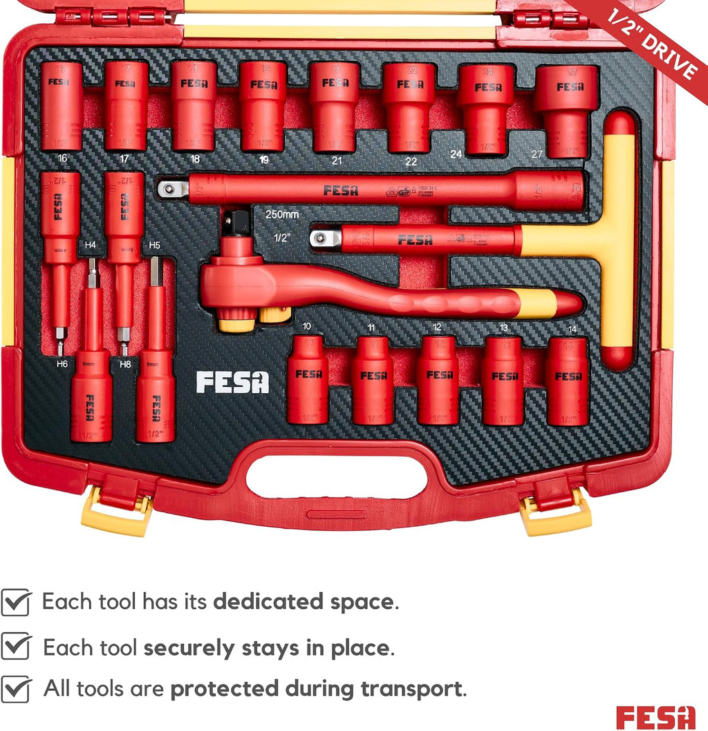 FESA Electrician Insulated Socket Set - 1000V 20-Piece Professional Insulated Ratchet & Socket Wrench Set (1/2' Drive) w/ 4 Hex Bits, T-Handle & Extension - 1000 Volt Insulated Tools for Electricians