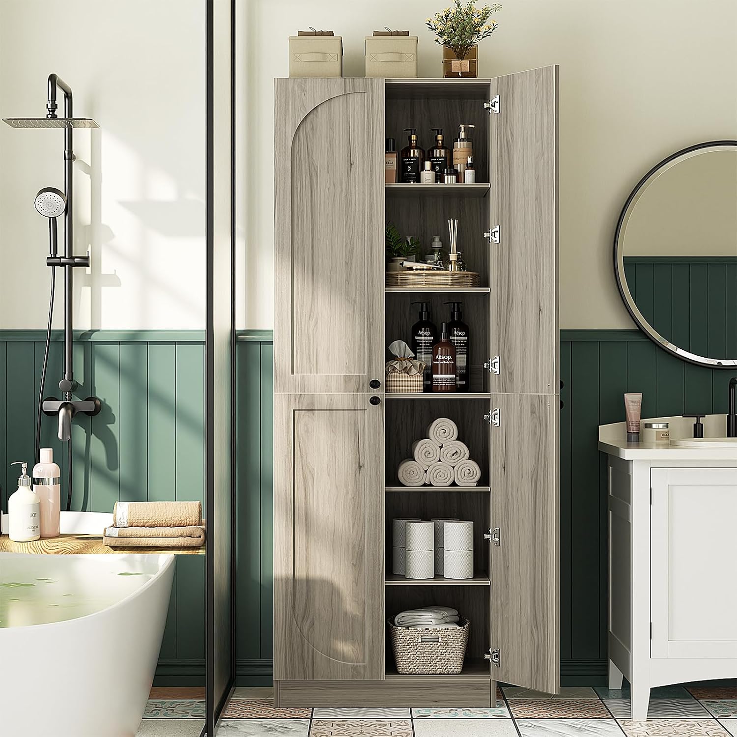 Cyclysio 80' Kitchen Pantry, Extra Tall Arch Storage Cabinet with 4 Soft Close Doors and Adjustable Shelves, Freestanding Wood Cupboard with Seamless Fit Wall for Dining Living Room Bathroom Furniture