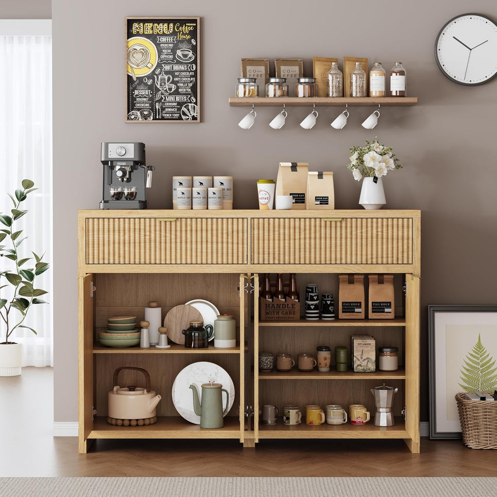 55' W Sideboard Buffet Cabinet with Storage, Fluted Cabinet with 2 Drawers & 4 Doors, Wood Kitchen Cabinet with Adjustable Shelves for Living Room,Kitchen and Dining Room - Wood