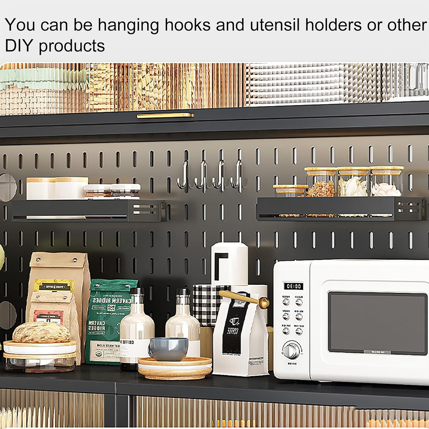 Stylish Coffee Bar Cabinet & Microwave Stand with Transparent Flip Switch Door, DIY Backplane, Rolling Casters, Perfect for Kitchen, Dining & Living Room (White, 70')