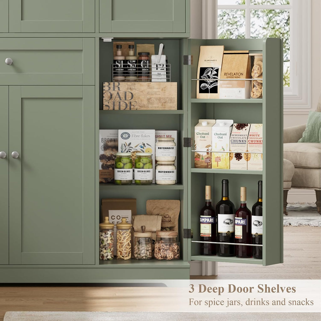 HOSTACK 68' Tall Kitchen Pantry Storage Cabinet, Modern Kitchen Hutch Cabinet with Doors and Shelves, Freestanding Food Pantry with Large Storage Drawer for Dining Room, Living Room, Green