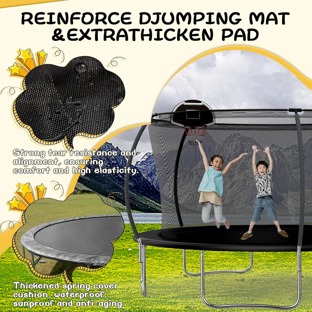 14FT Tranpoline for Kids with Safety Enclosure Net Recreational Round Tranpoline with Basketball Hoop ASTM Approval Backyard Outdoor Tranpoline with Spring Pad Cover & Ladder