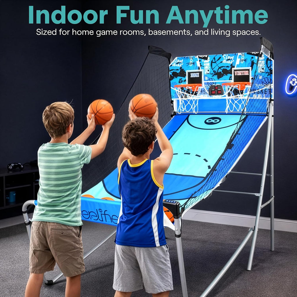 SereneLife Dual Shot Basketball Arcade Game with Electronic Scorer, 8 Game Modes, Indoor Outdoor 2 Player Basketball Shooting Game, Foldable Arcade Set with 5 Balls and Pump