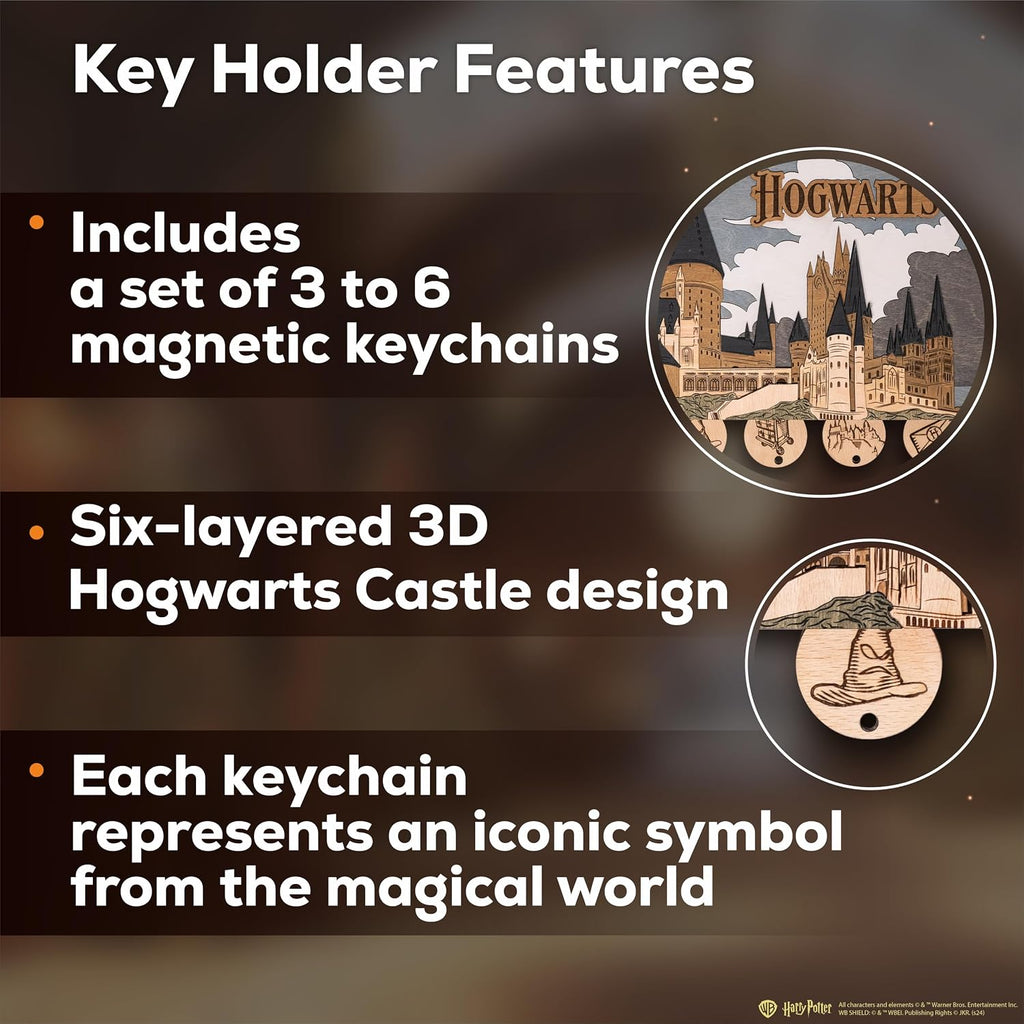Hogwarts Magnetic Key Holder - Harry Potter 3D Key Holder with Magnetic Keychains - Unique Collectible Wooden Keyholder, Home Decor for Harry Potter Fans (Night Edition, L, 4 Keychains)