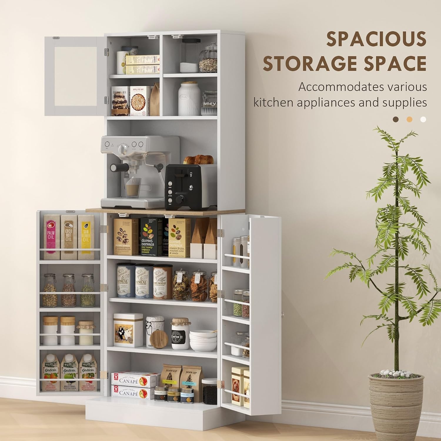 66' 8-Door & 5-Adjustable Freestanding Storage Cabinet, Kitchen Storage Bakers Rack with Microwave Stand, Utility Food Cupboard with Anti-tip Design for Kitchen Dining Areas, White