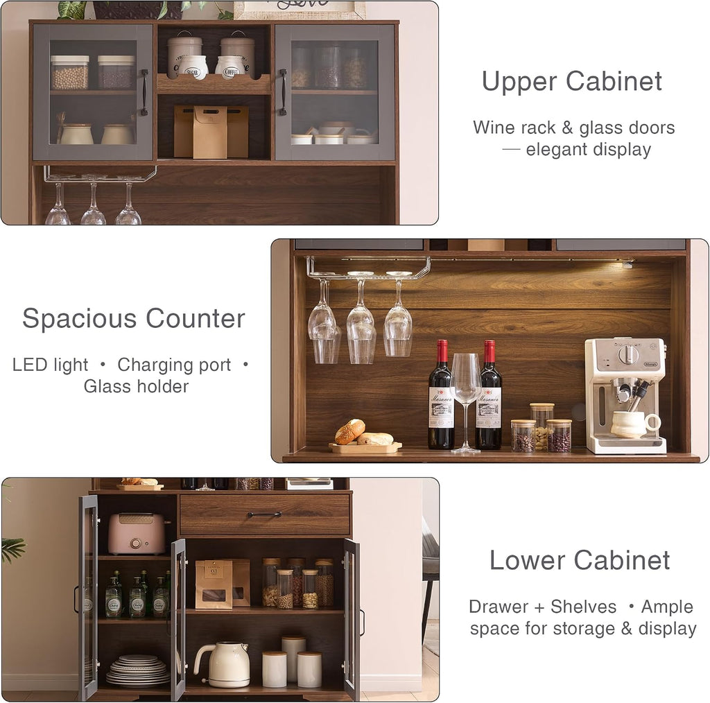 Fatmok 71' Tall Pantry Cabinet with Glass Doors, Kitchen Hutch Storage Cabinet, Coffee Bar & Liquor Cabinet with Charging Station & LED Lights, Wine Rack, Adjustable Shelves＆Large Drawer, Brown
