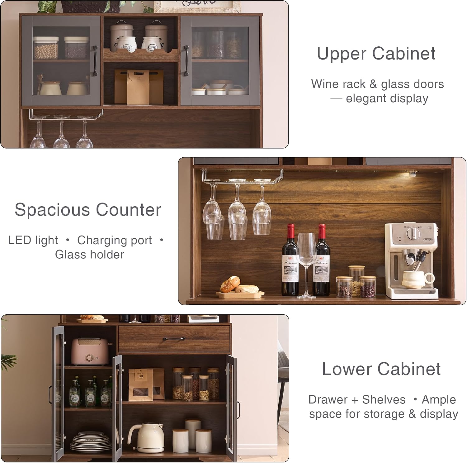 Fatmok 71' Tall Pantry Cabinet with Glass Doors, Kitchen Hutch Storage Cabinet, Coffee Bar & Liquor Cabinet with Charging Station & LED Lights, Wine Rack, Adjustable Shelves＆Large Drawer, Brown