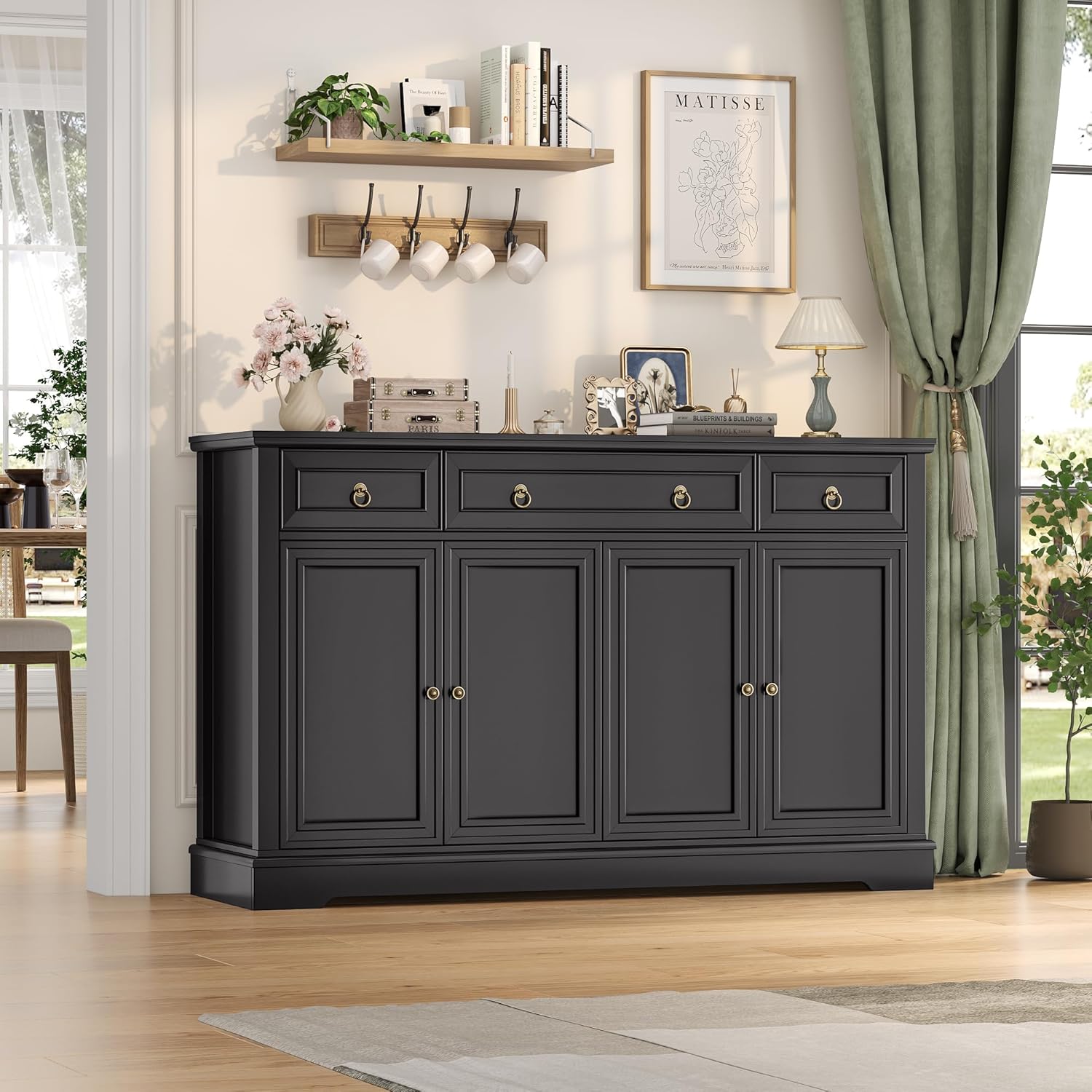 FINETONES Buffet Cabinet with Storage, 52.7' Large Sideboard Buffet Table, Black Kitchen Cabinet with 3 Drawers and 4 Doors, Wood Coffee Bar for Kitchen Dining Room, Black