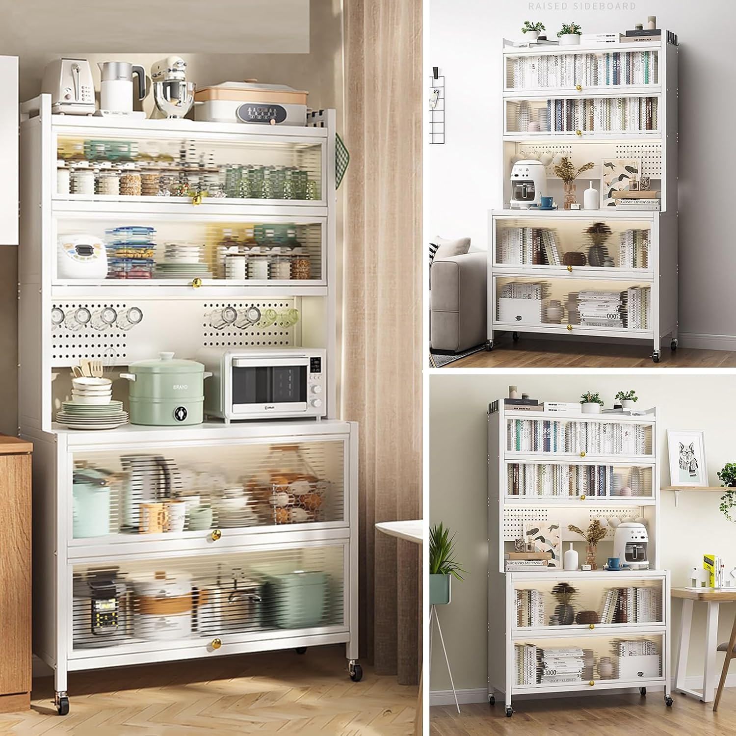 White Baker's Rack with Storage Drawer - Microwave Stand & Cabinet, Metal Shelves for Kitchen, Garage, Pantry, Spices, Flip Door & Pegboard Accessories, Space-Saving Organizer