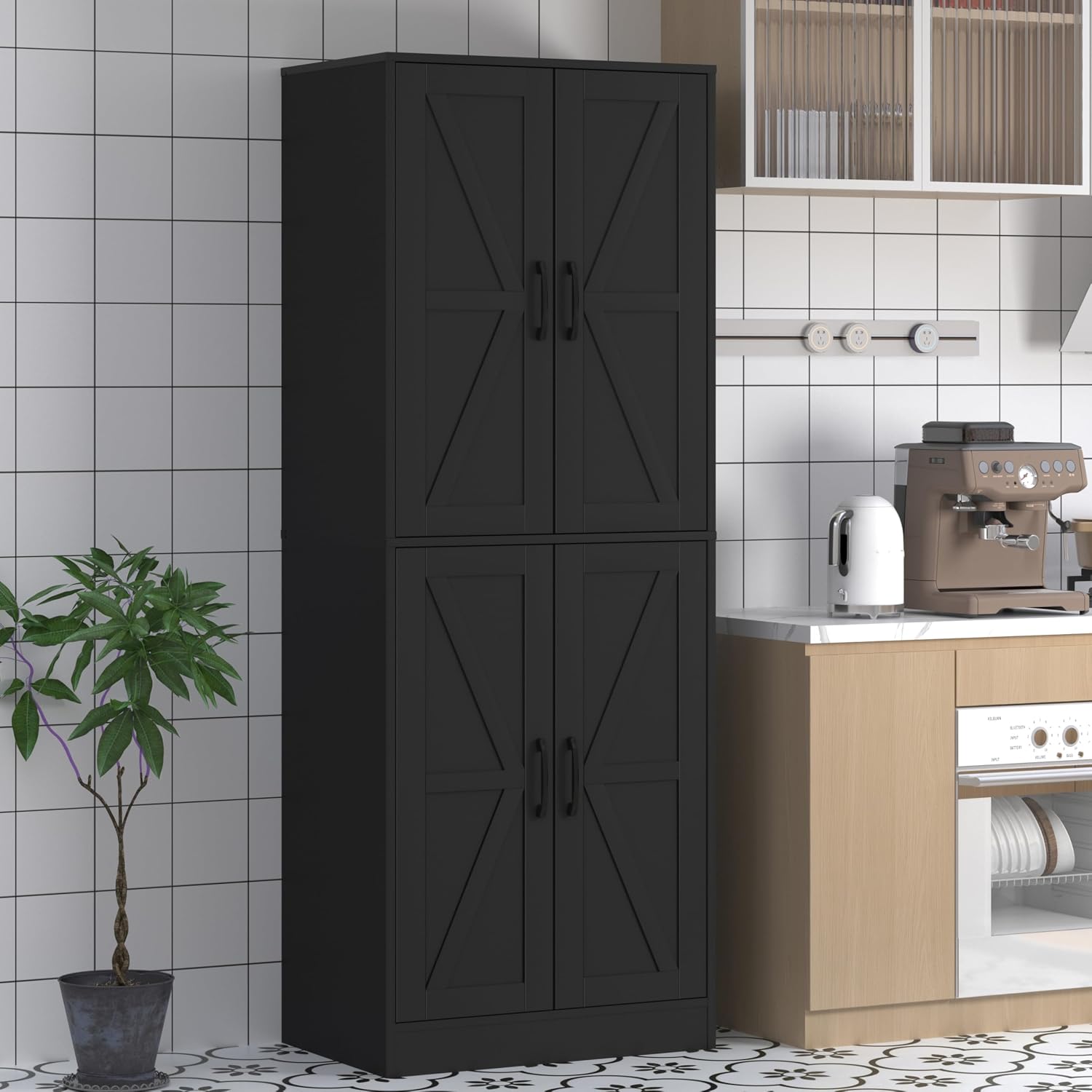Storage Cabinet,Kitchen Pantry Cabinet,Kitchen Pantry Storage Cabinets with 4 Doors,Tall Kitchen Pantry with Adjustable Shelves,Cupboard for Kitchen,Pantry,Dining Room,Living Room and Bathroom,Black